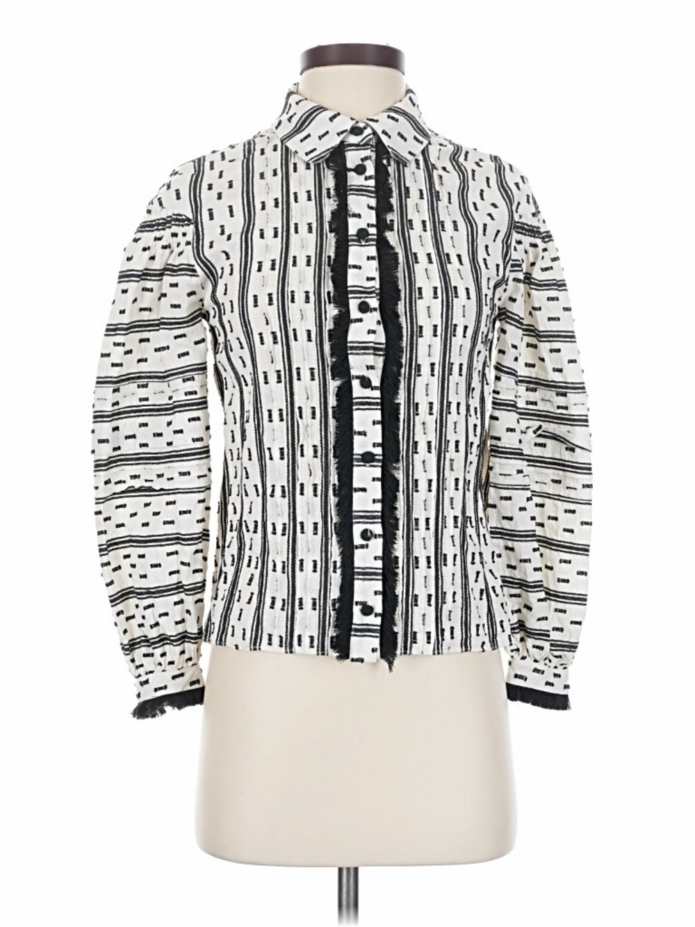 HUNTER BELL Black and White Striped Fringe-Trim Button Down Shirt